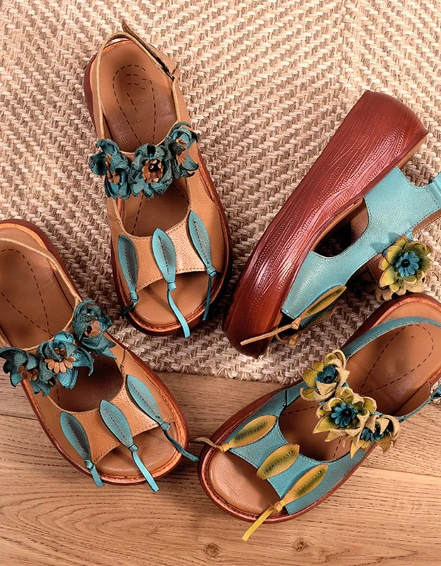Flower Retro Leather Color Matching Beach Sandals