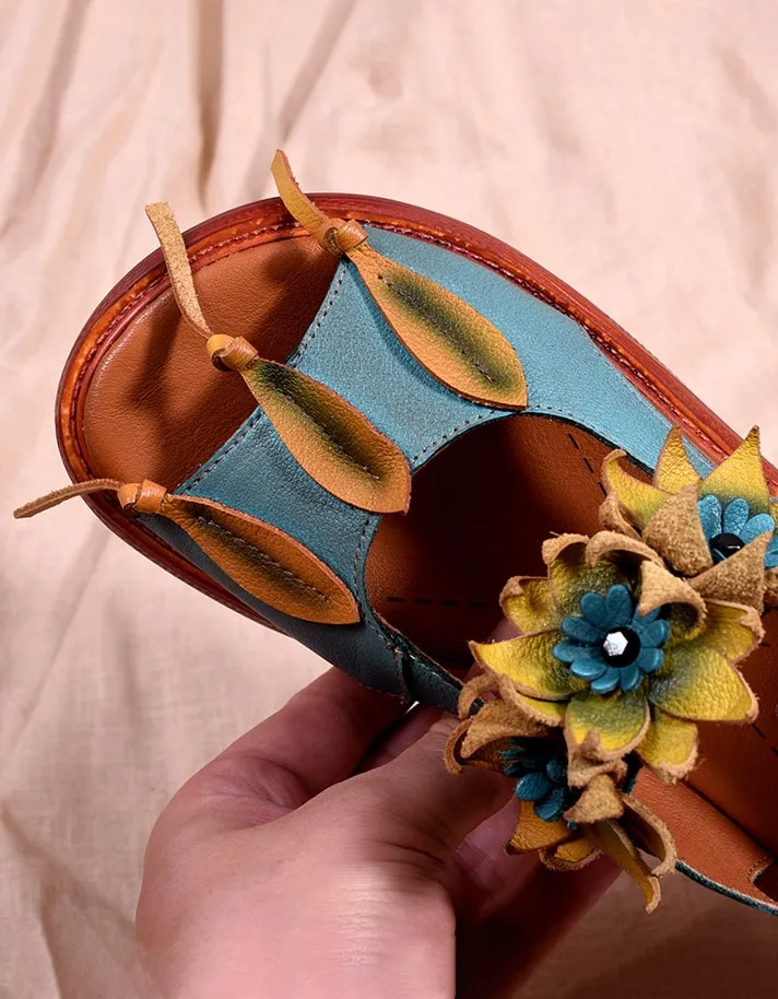Flower Retro Leather Color Matching Beach Sandals
