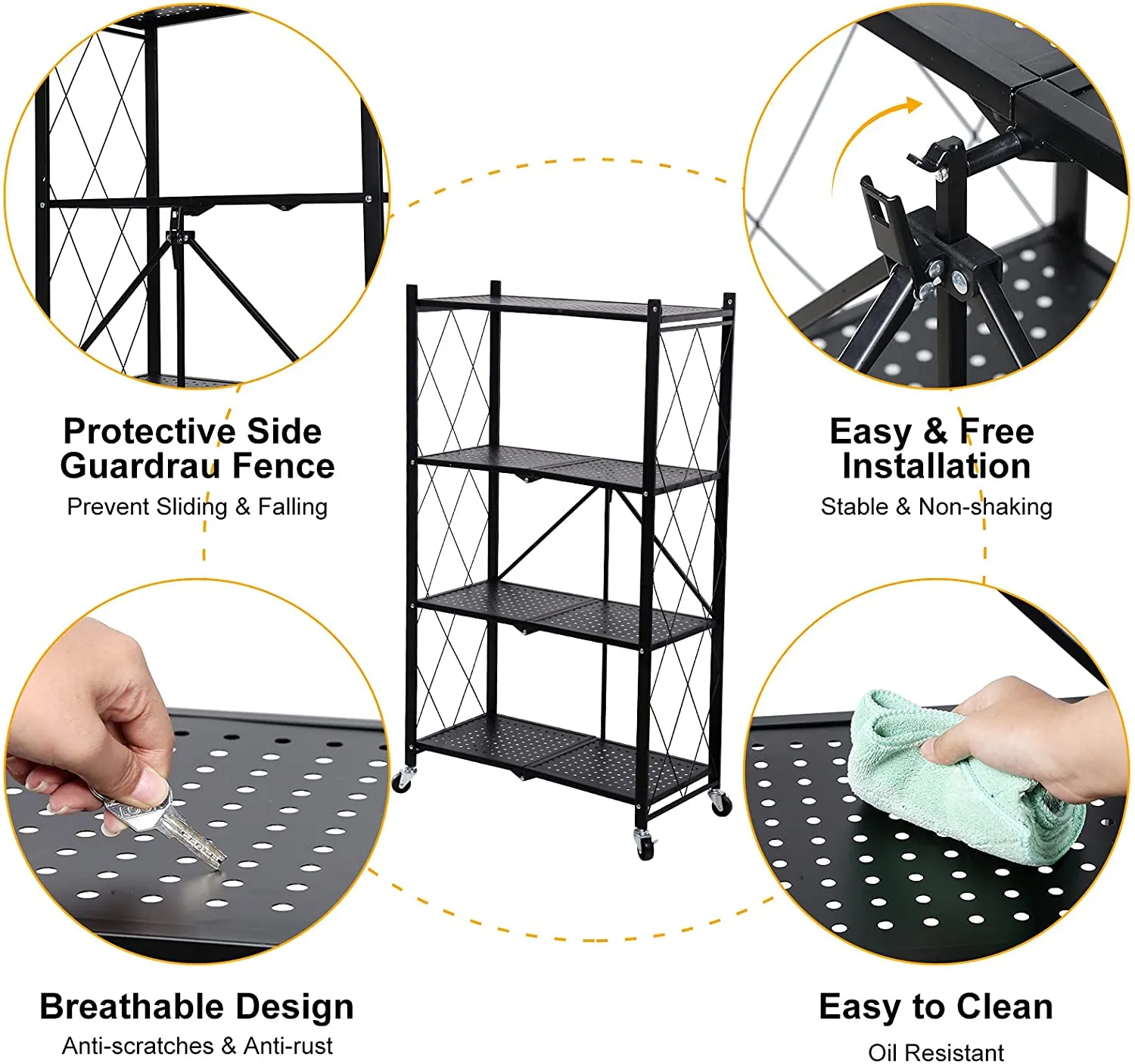 Foldable 4 Tier Kitchen Trolley Shelving Unit with Wheels