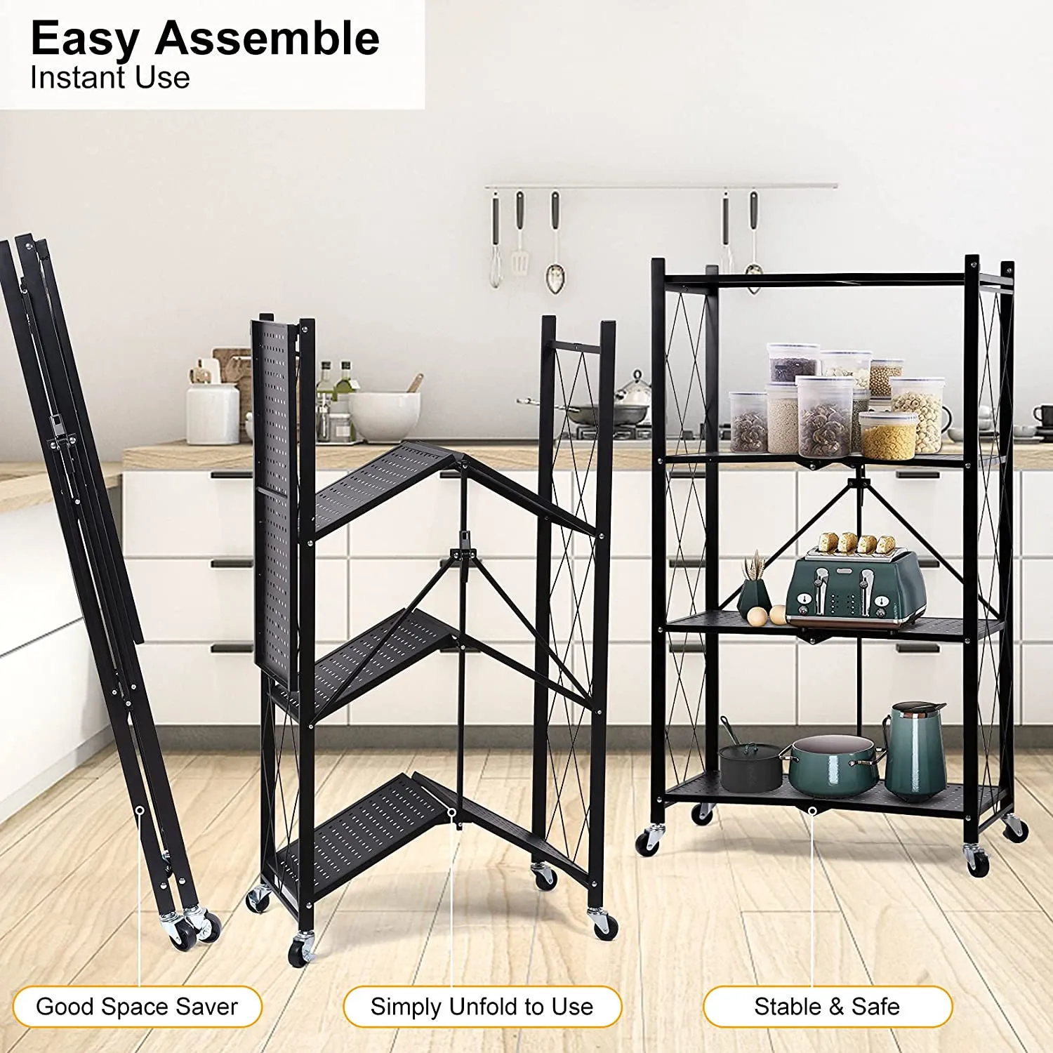 Foldable 4 Tier Kitchen Trolley Shelving Unit with Wheels