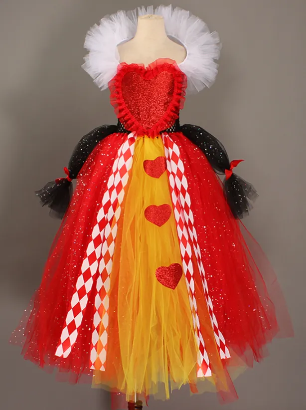 Girls Alice in Wonderland Queen of Hearts Inspired Costume with Cuffs and Crown Set