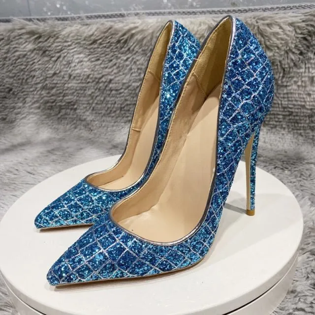 GlamCroco Glitter Sequin Pointed Toe High Heels