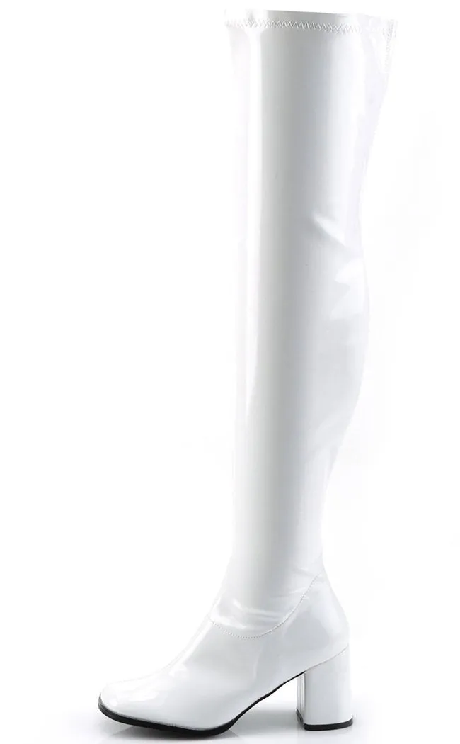 GOGO-3000 White Stetch Patent Thigh High Boots