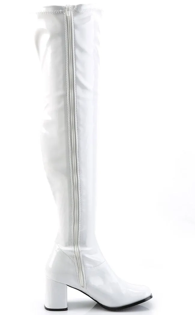 GOGO-3000 White Stetch Patent Thigh High Boots