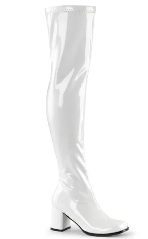 GOGO-3000 White Stetch Patent Thigh High Boots