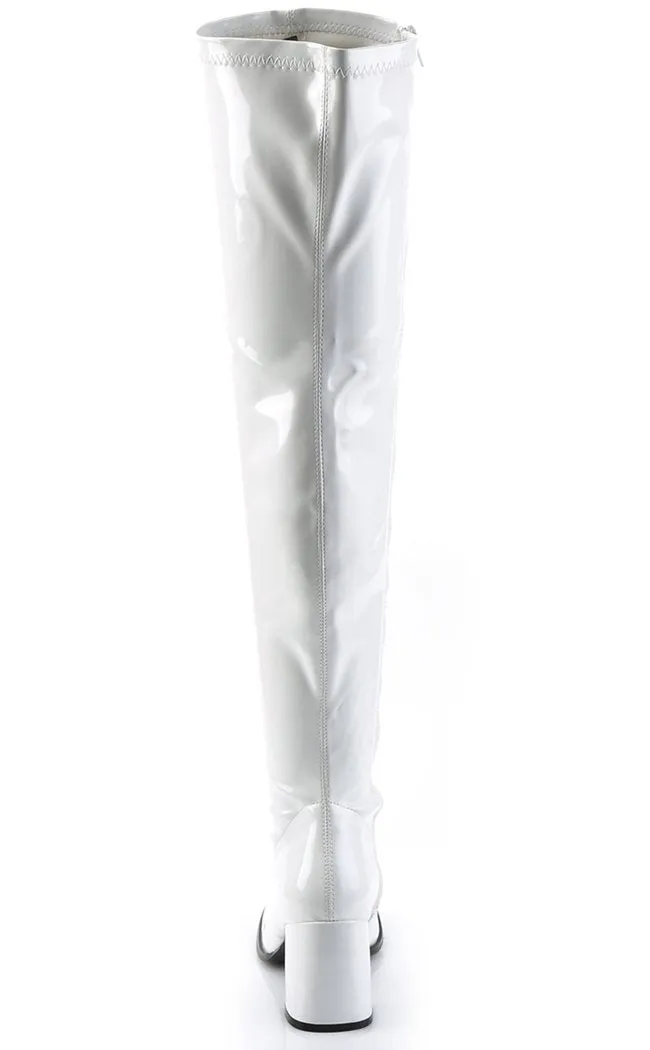 GOGO-3000 White Stetch Patent Thigh High Boots