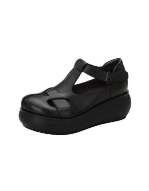 Handmade Retro Leather  T-strap Wedge Sandals