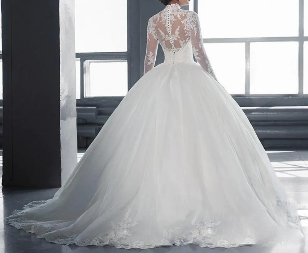 High Collar Sheer Long Sleeves Lace Ball Gown