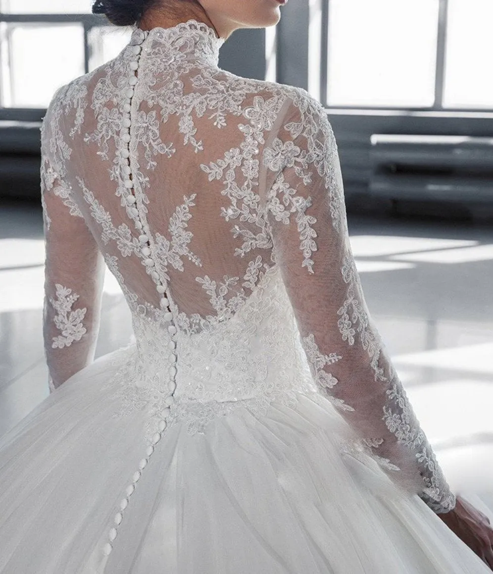 High Collar Sheer Long Sleeves Lace Ball Gown