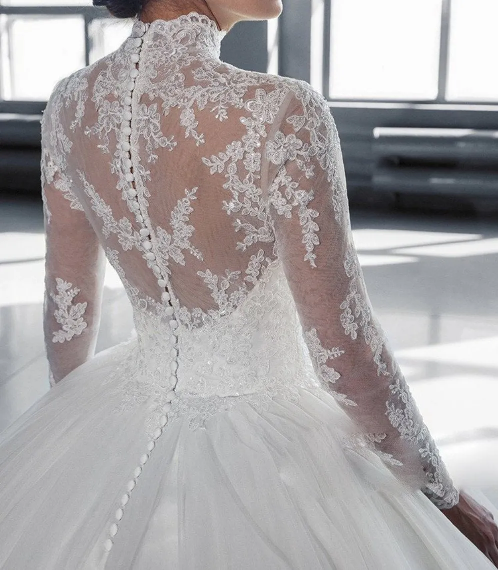 High Collar Sheer Long Sleeves Lace Ball Gown