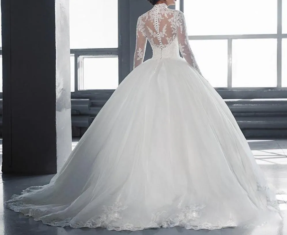 High Collar Sheer Long Sleeves Lace Ball Gown