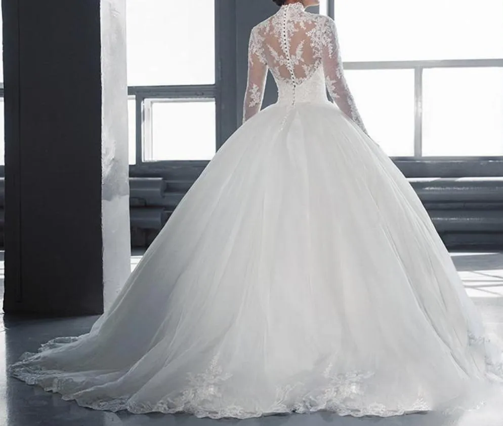 High Collar Sheer Long Sleeves Lace Ball Gown