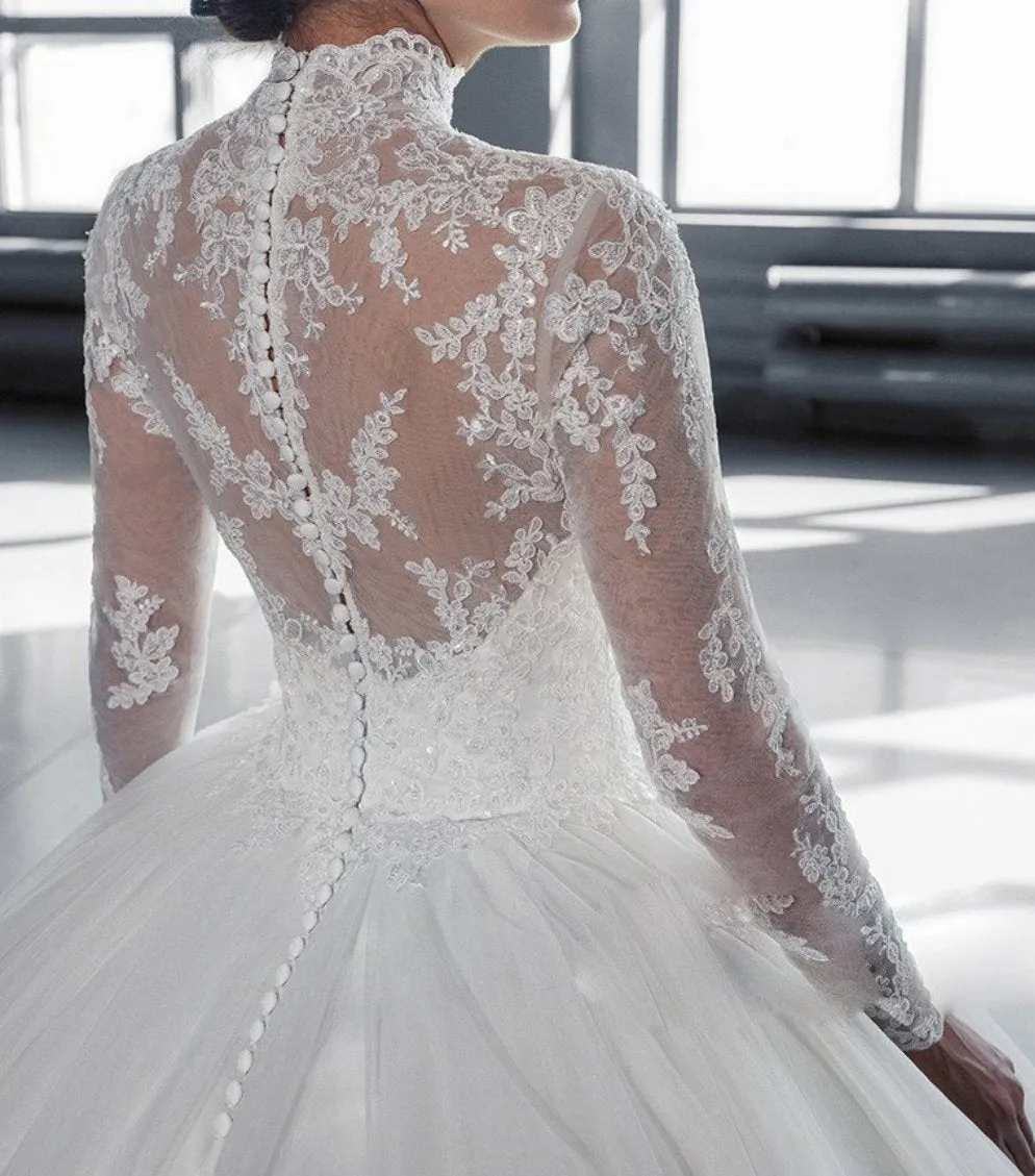 High Collar Sheer Long Sleeves Lace Ball Gown