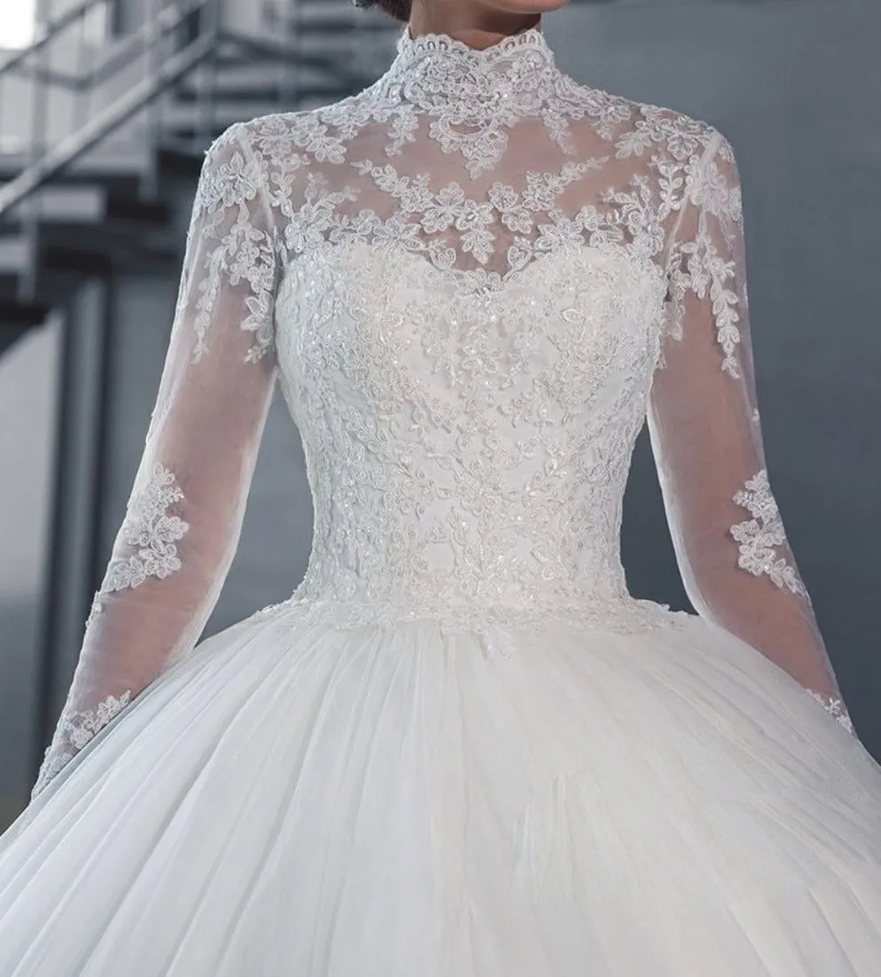 High Collar Sheer Long Sleeves Lace Ball Gown