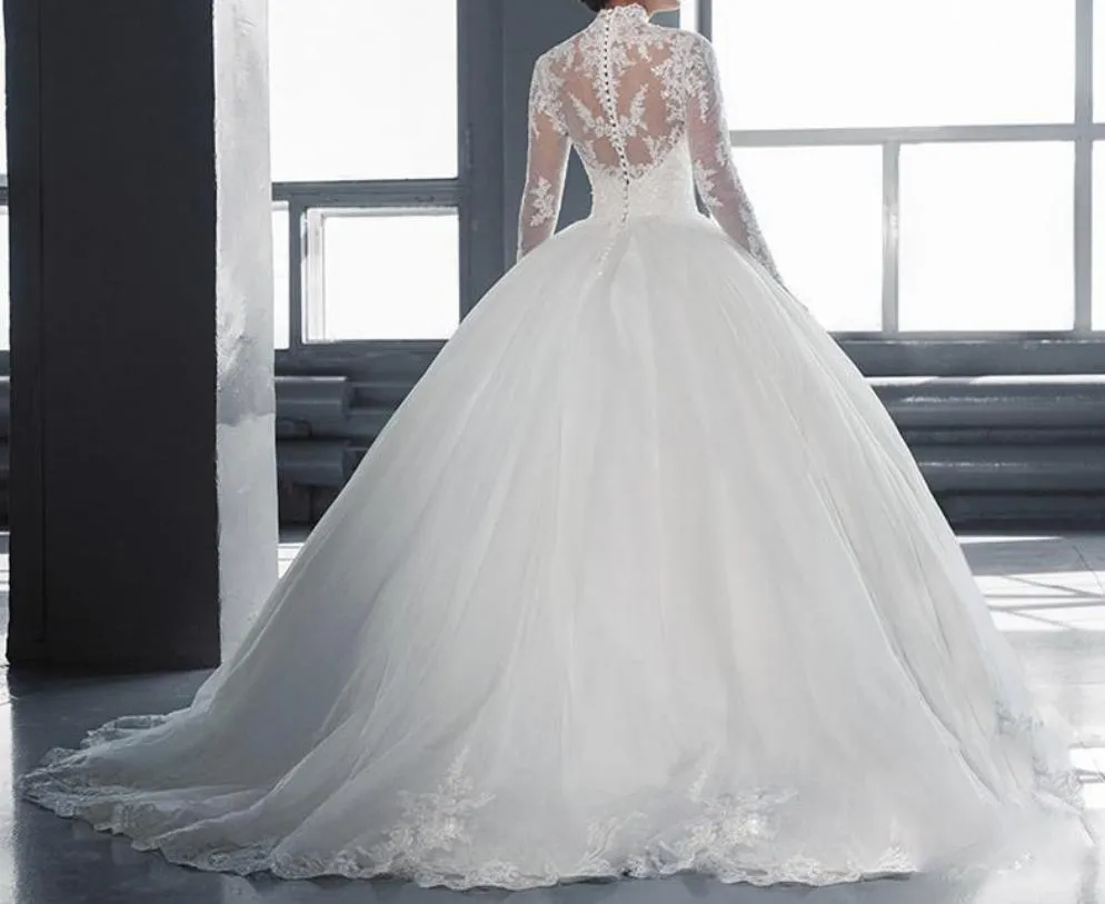 High Collar Sheer Long Sleeves Lace Ball Gown