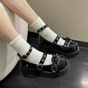 Hnzxzm Sweet Cute Heart-Shaped Buckle Lolita Shoes Women Bowtie Chain Platform Mary Janes Woman Rivet Ankle Strap Gothic Shoes