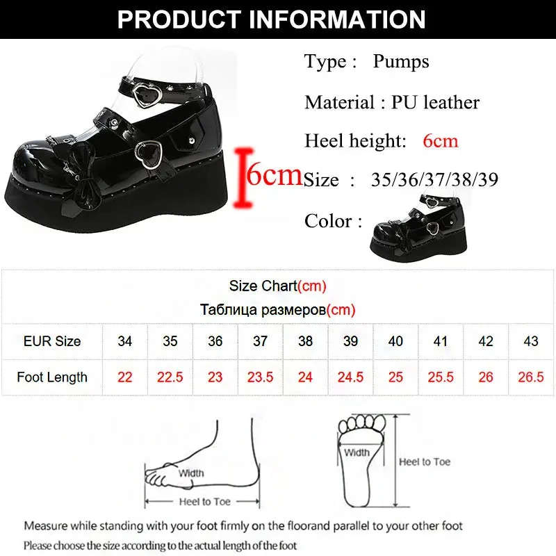 Hnzxzm Sweet Cute Heart-Shaped Buckle Lolita Shoes Women Bowtie Chain Platform Mary Janes Woman Rivet Ankle Strap Gothic Shoes