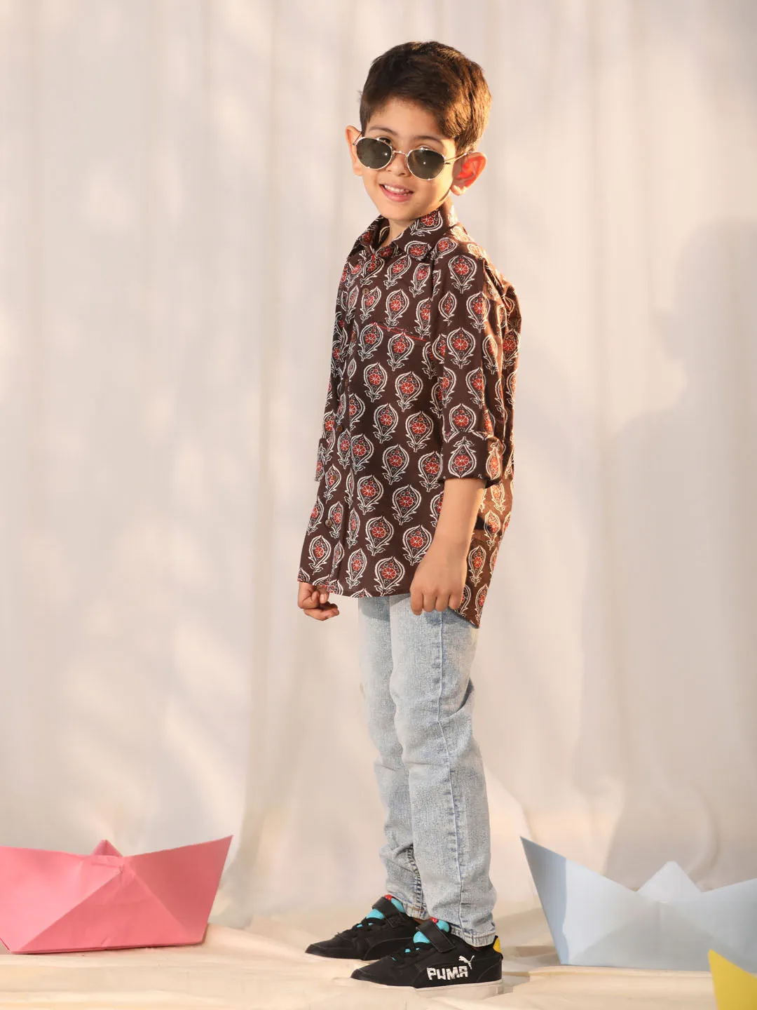 Jashvi Boys' Coffee Ethnic Shirt
