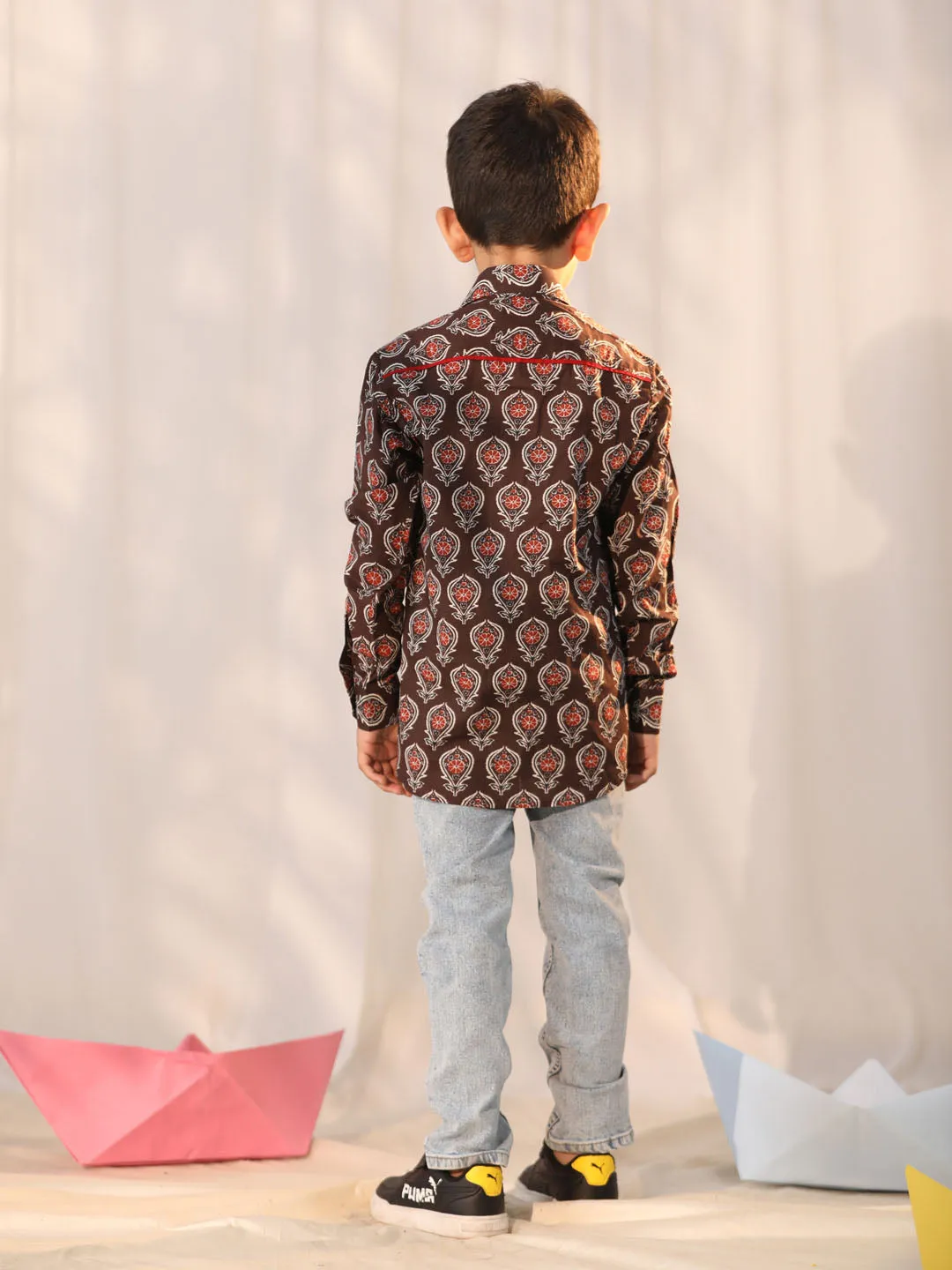 Jashvi Boys' Coffee Ethnic Shirt
