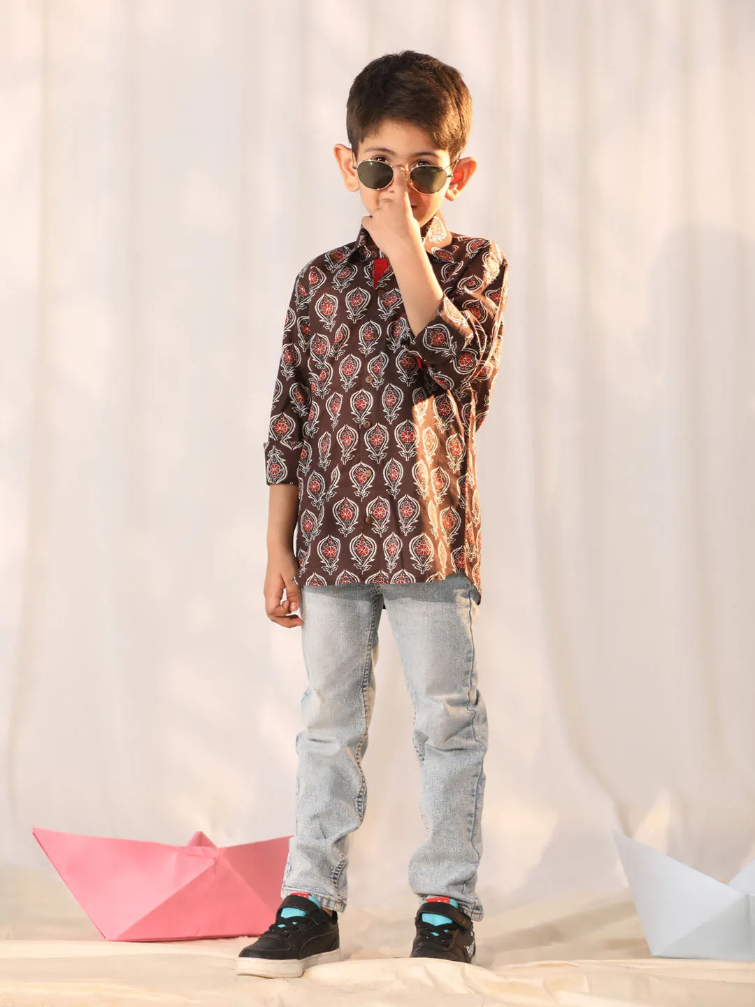 Jashvi Boys' Coffee Ethnic Shirt