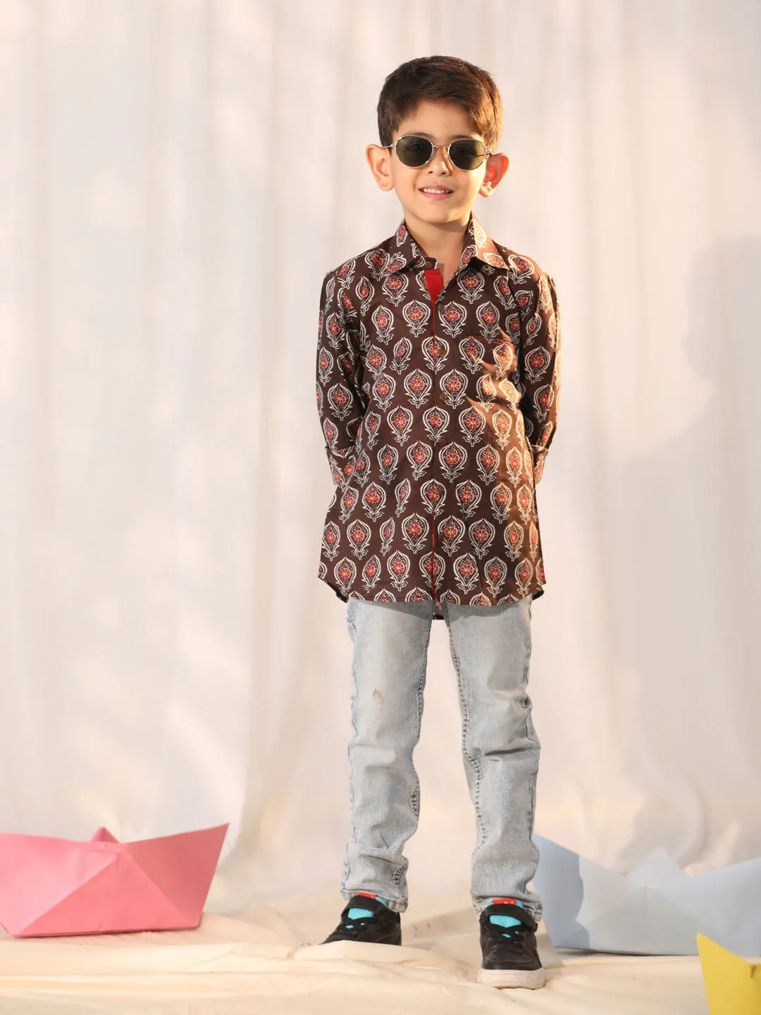 Jashvi Boys' Coffee Ethnic Shirt
