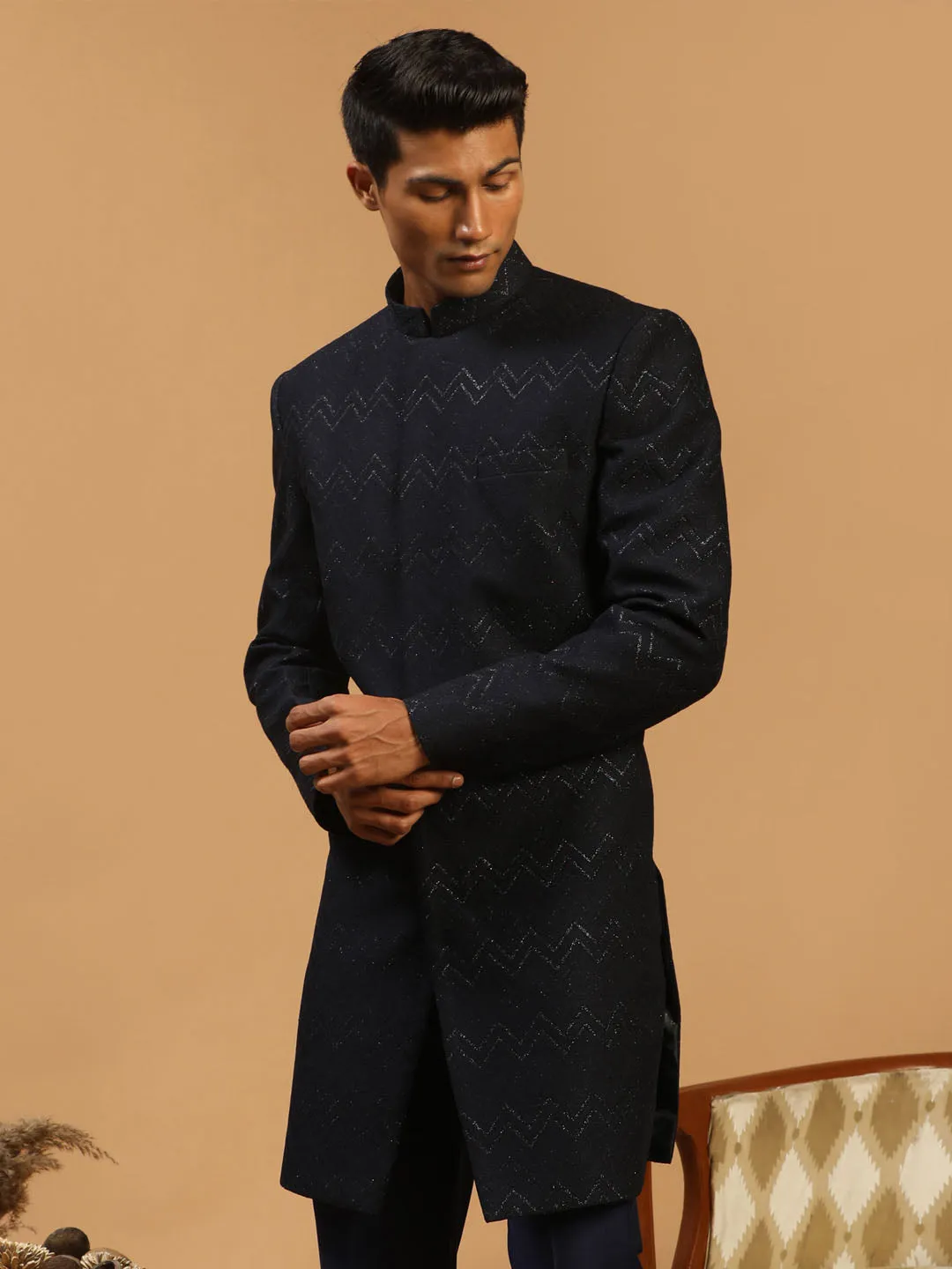 Jashvi Men's Navy Blue Glitter Indo Western Sherwani Only Top