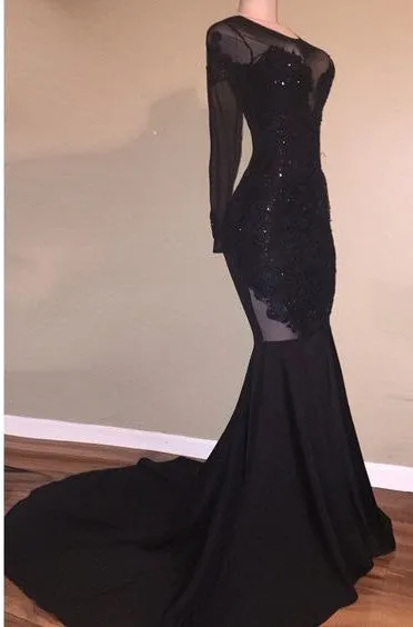 kamahe Chic Mermaid Black Long-Sleeves Backless Appliques Prom Party Gowns