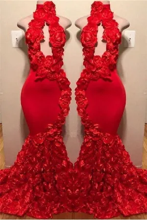 kamahe New Arrival Red Keyhole Mermaid Flowers Halter Sleeveless Long Prom Dresses