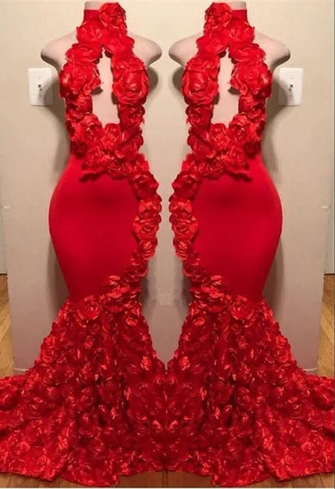kamahe New Arrival Red Keyhole Mermaid Flowers Halter Sleeveless Long Prom Dresses