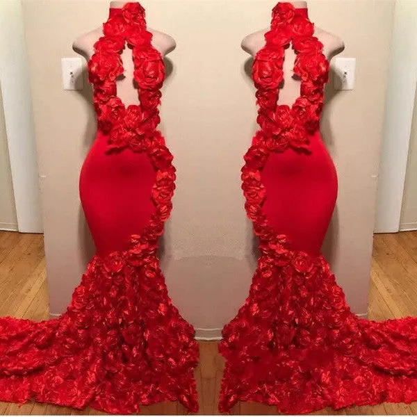 kamahe New Arrival Red Keyhole Mermaid Flowers Halter Sleeveless Long Prom Dresses