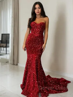 kamahe Sheath Sweetheart Court Train Velvet Sequins Prom Dresses With Ruffles