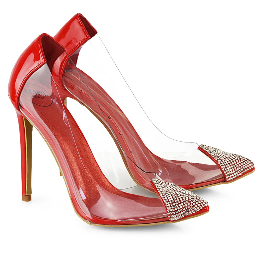 Kaz Diamante Detail Pointed Toe Perspex Stiletto Court Heel Sandals in Red
