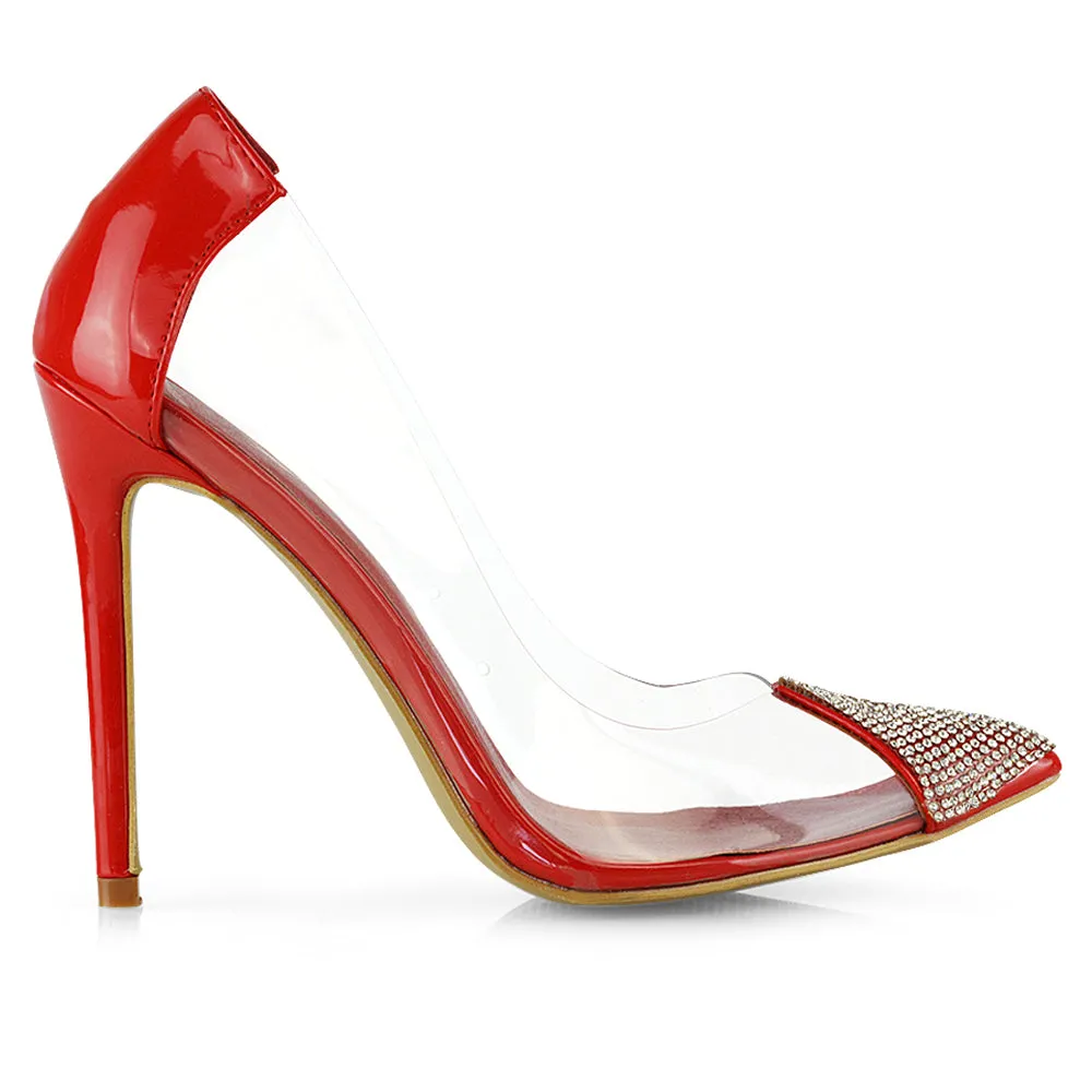 Kaz Diamante Detail Pointed Toe Perspex Stiletto Court Heel Sandals in Red