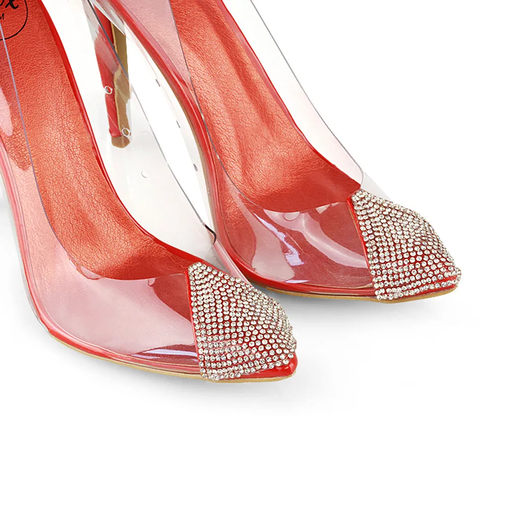 Kaz Diamante Detail Pointed Toe Perspex Stiletto Court Heel Sandals in Red