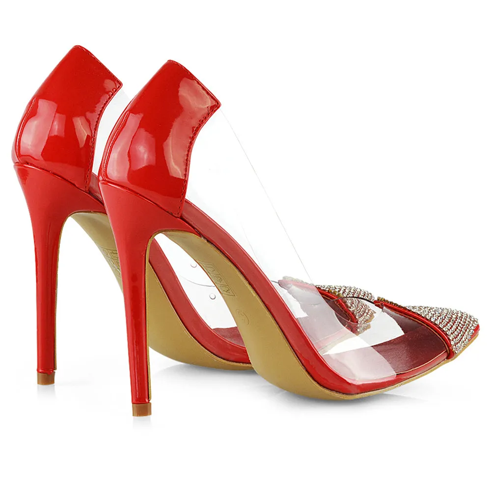 Kaz Diamante Detail Pointed Toe Perspex Stiletto Court Heel Sandals in Red