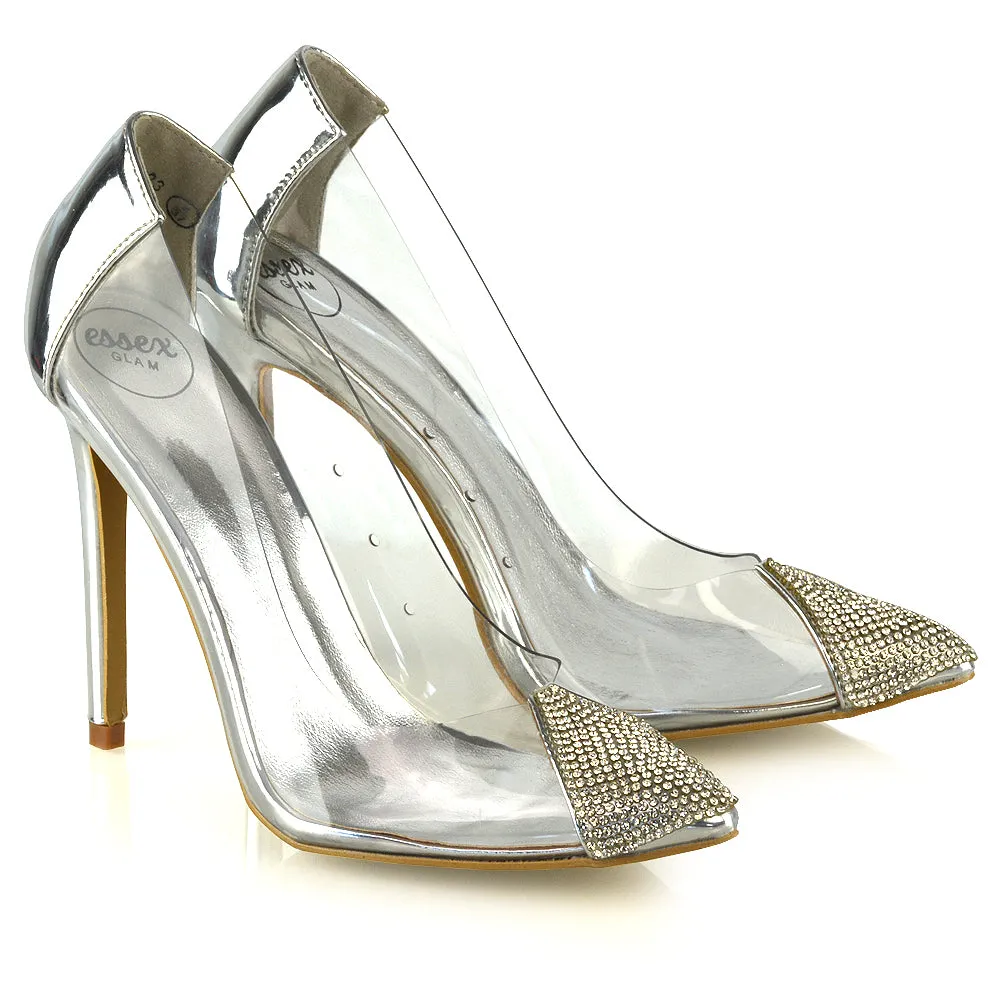 Kaz Diamante Detail Pointed Toe Perspex Stiletto Court Heel Sandals in Silver