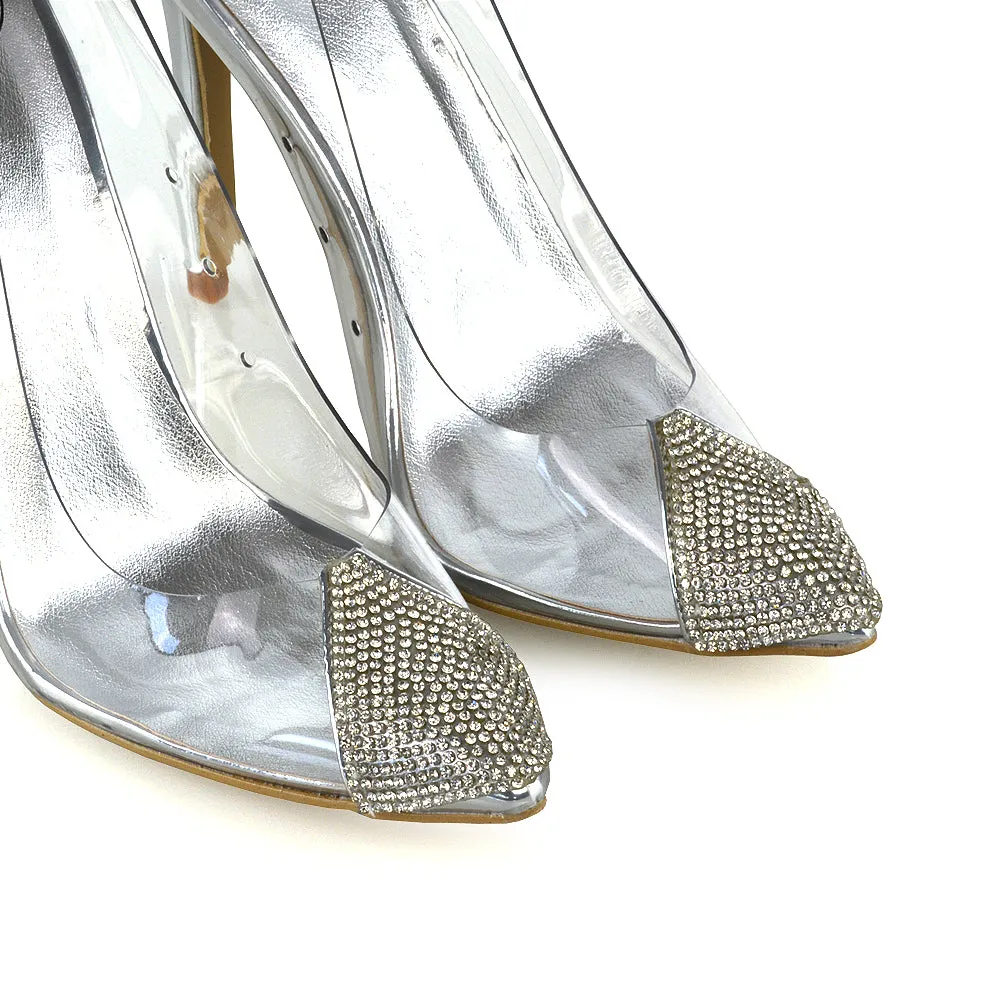 Kaz Diamante Detail Pointed Toe Perspex Stiletto Court Heel Sandals in Silver
