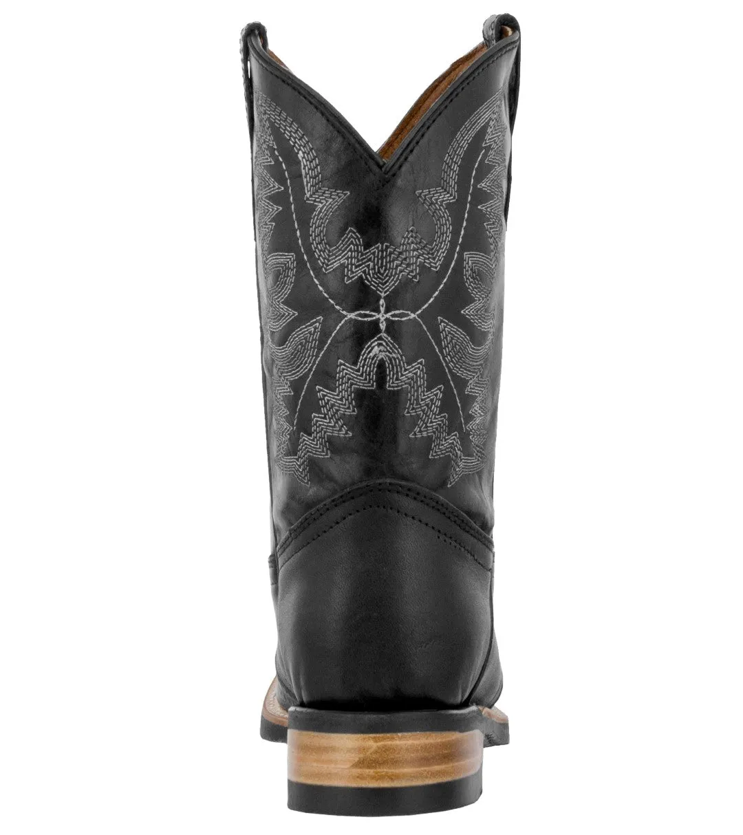 Kids Unisex Real Leather Western Boots Solid Black Square Toe Botas