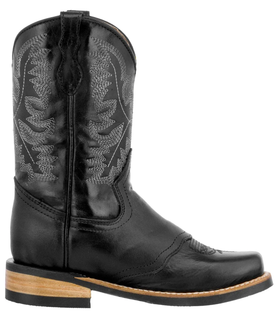Kids Unisex Real Leather Western Boots Solid Black Square Toe Botas