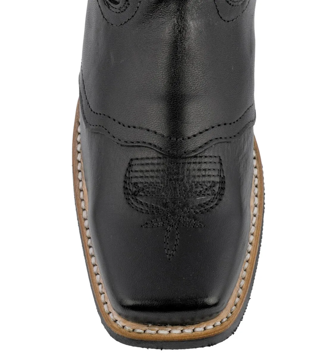 Kids Unisex Real Leather Western Boots Solid Black Square Toe Botas