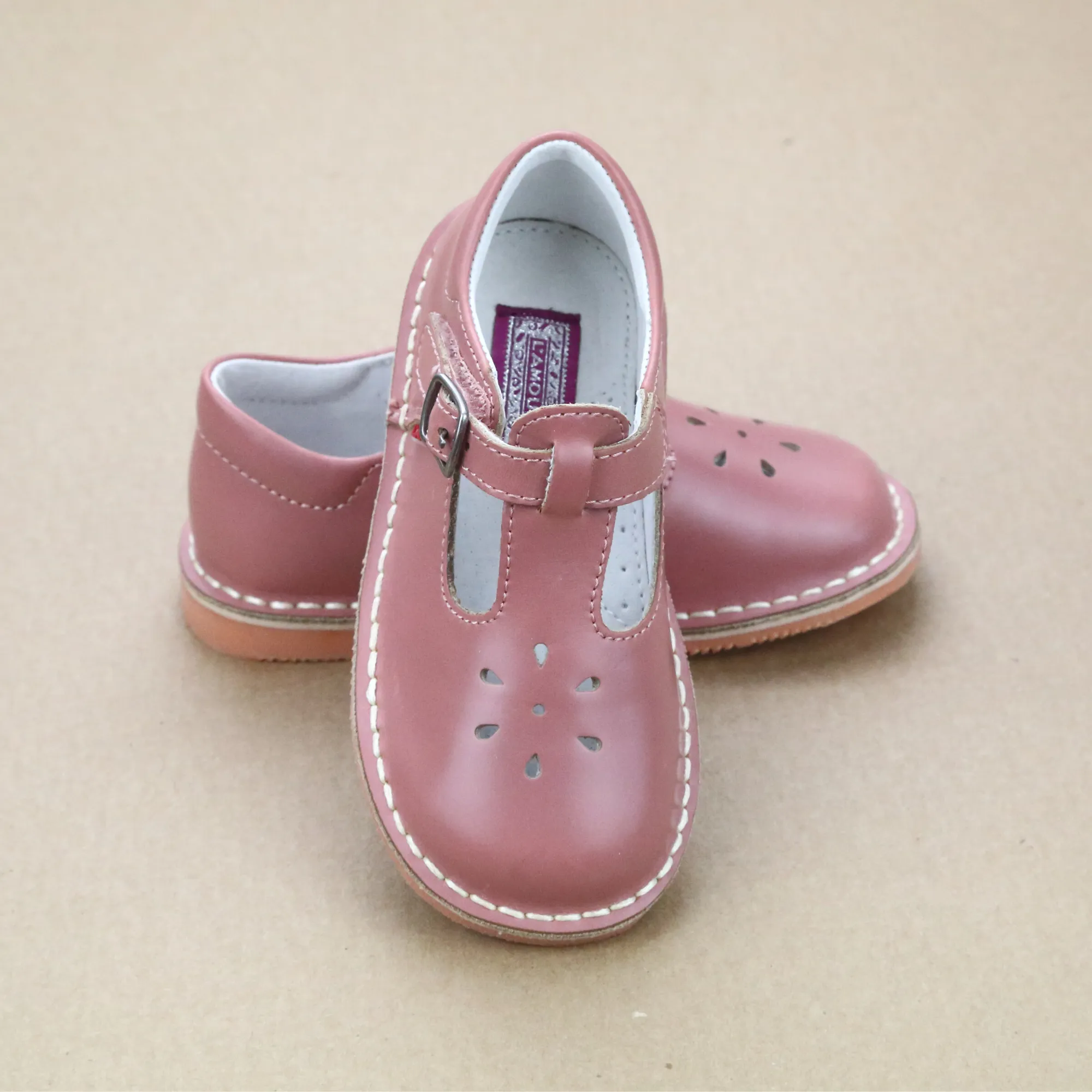 L'Amour Girls Waxed Leather T-Strap Mary Janes