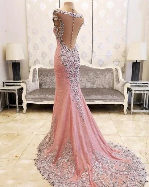 Luxurious Crystal Pink Mermaid Evening Dress Zipper Button Back