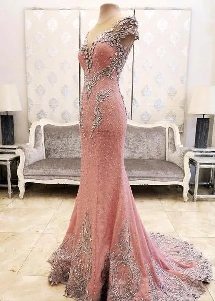 Luxurious Crystal Pink Mermaid Evening Dress Zipper Button Back