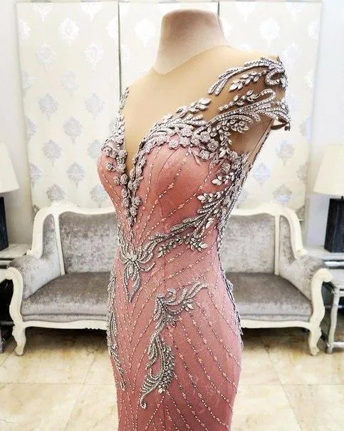 Luxurious Crystal Pink Mermaid Evening Dress Zipper Button Back