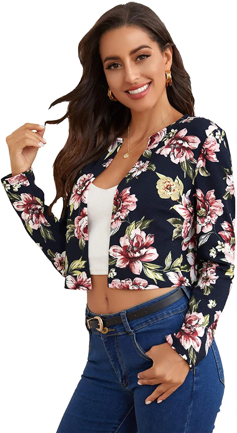 MakeMeChic Women's Casual Grid Print Long Sleeve Open Front Blazer Crop Top