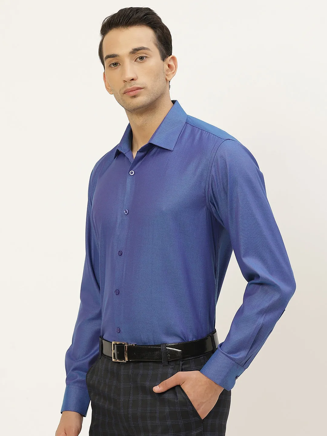 Men's Cotton Blue Self Design Classic Formal Shirt - Sojanya