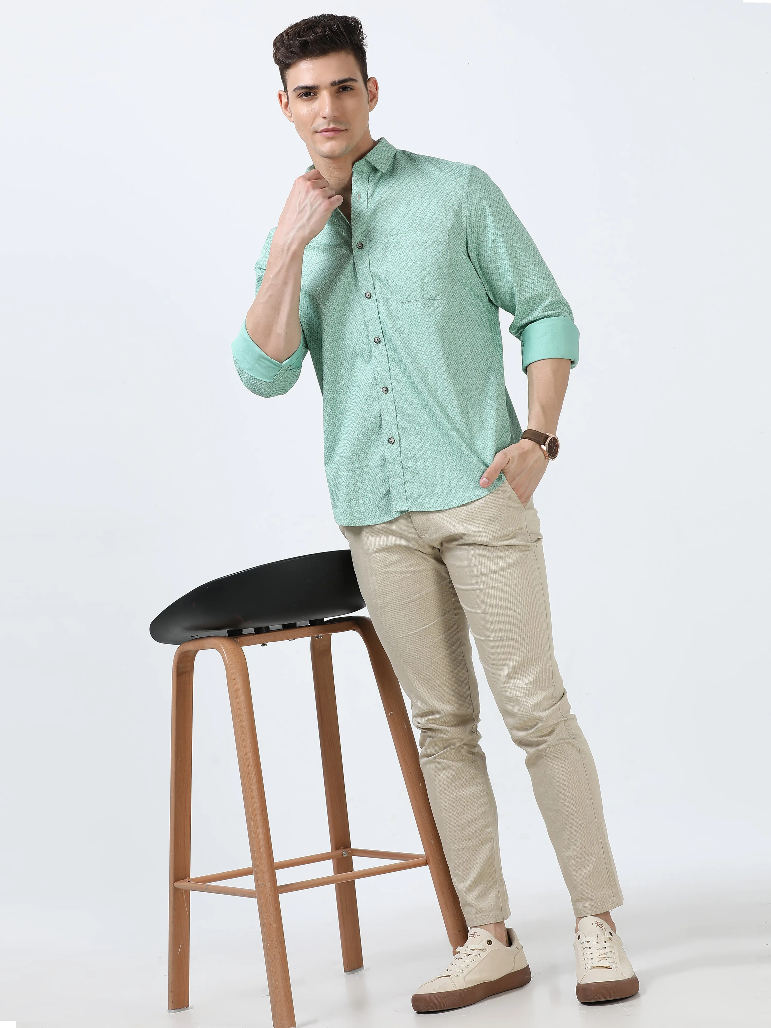 MEN'S GREEN PRINTED  SLIM FIT SHIRT