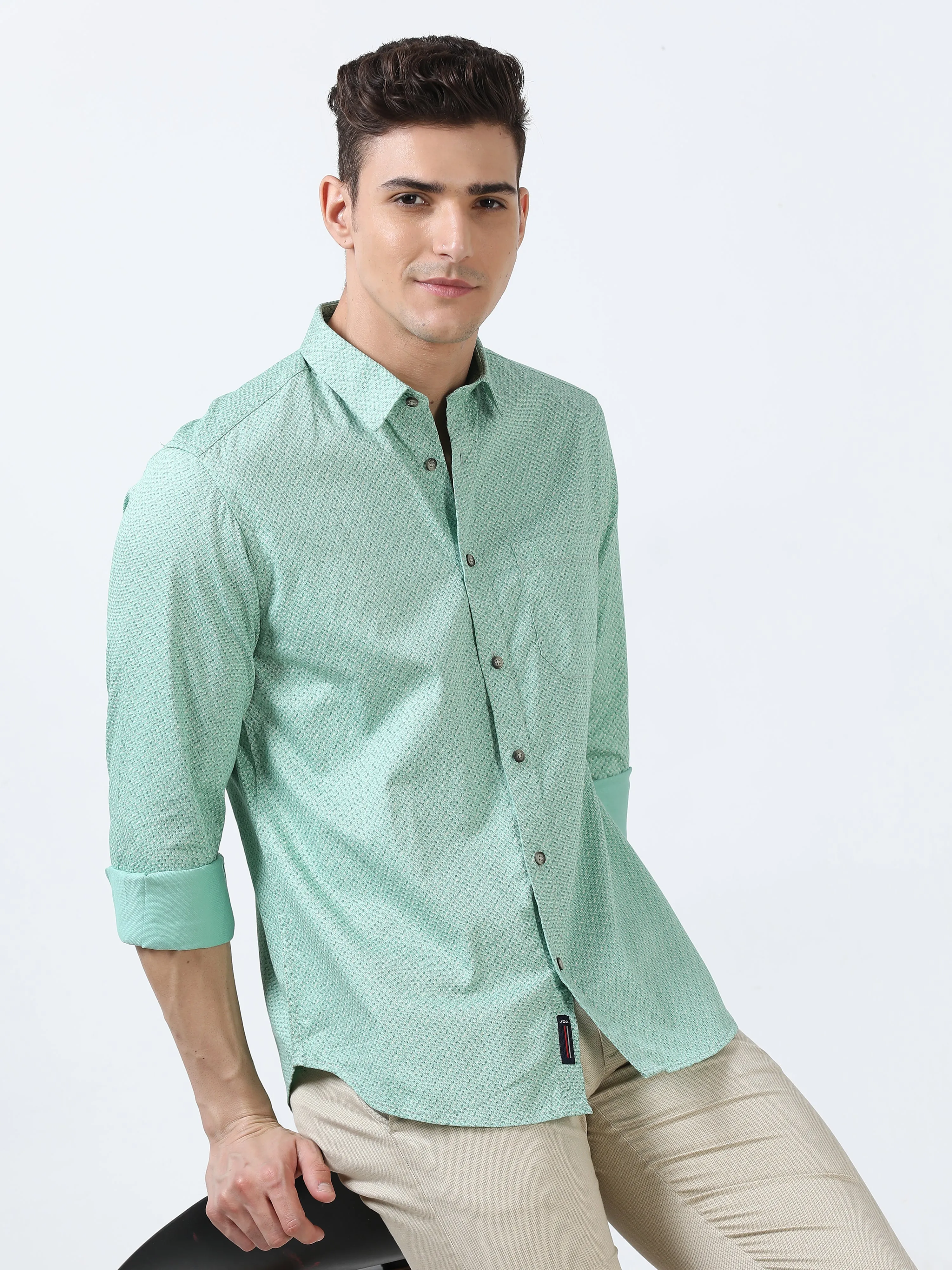 MEN'S GREEN PRINTED  SLIM FIT SHIRT