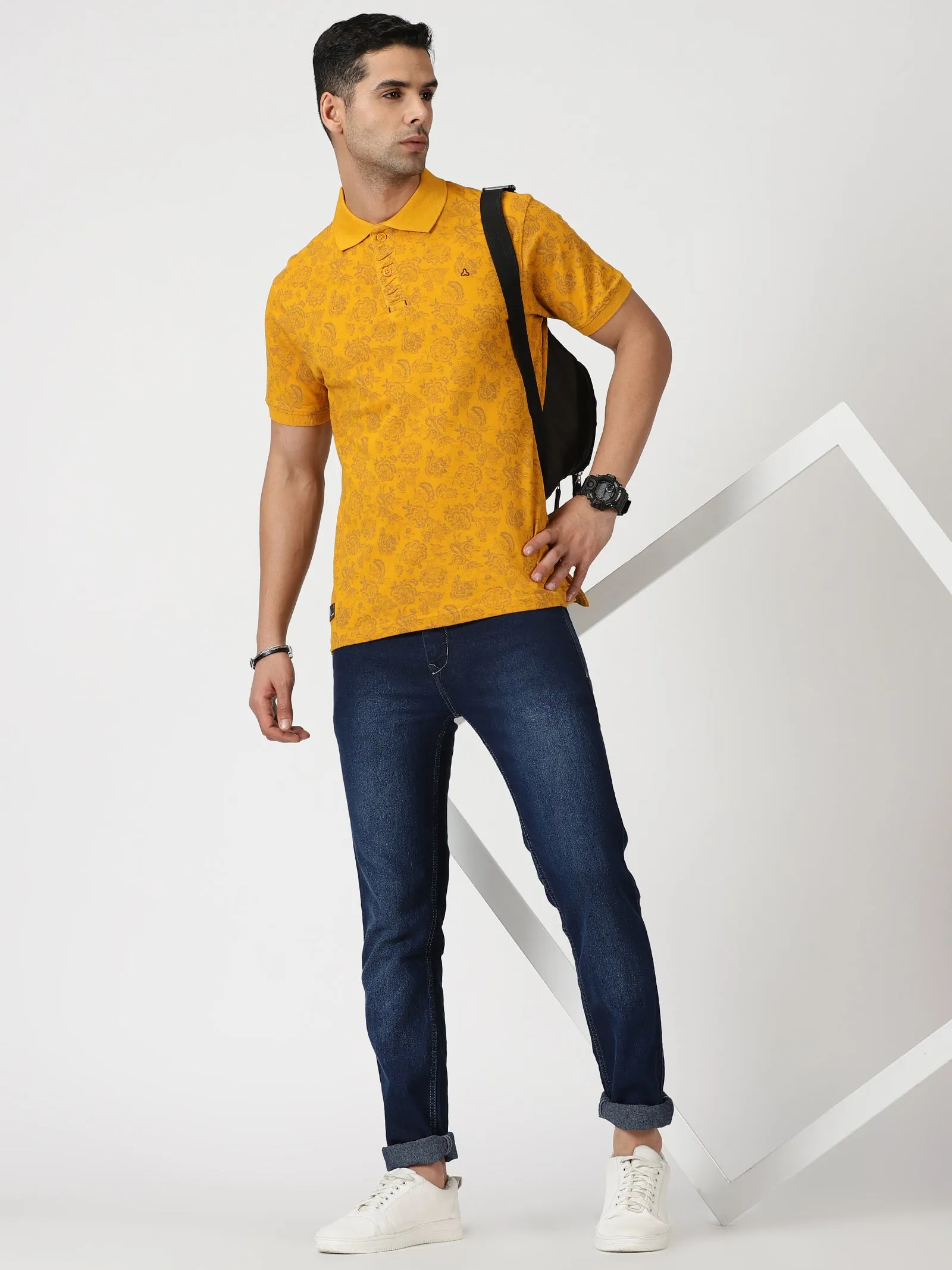MEN'S LT YELLOW PRINT SLIM FIT T SHIRT