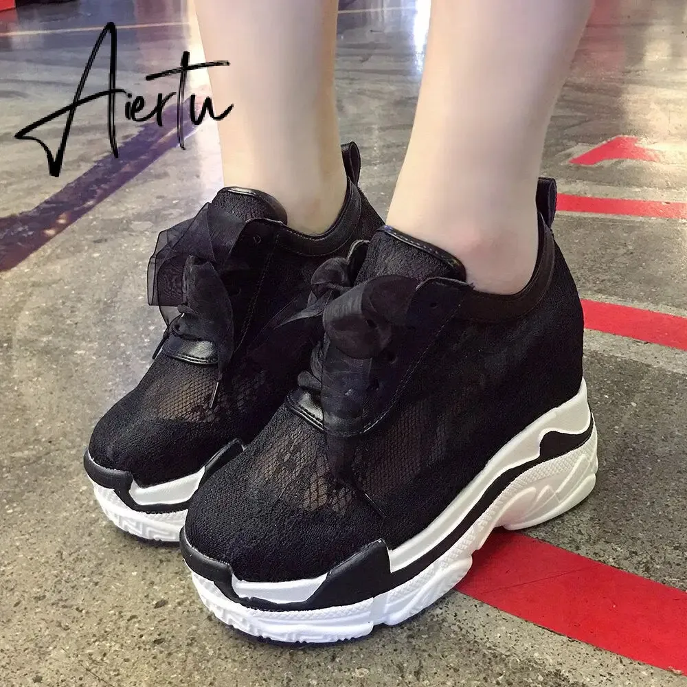 NEW Classic Women Mesh Platform Sneakers Trainers White Shoes High Heels Wedges Outdoor Shoes Breathable Casual Shoes Woman
